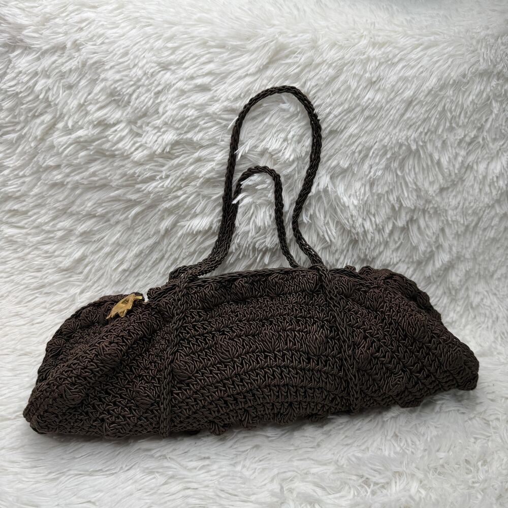 1940s Vintage Brown Cordé Crochet Handbag Gold Leaf Pull Double Handle 14” - Picture 13 of 16
